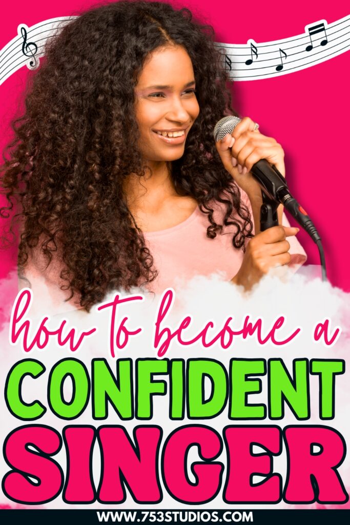 Confident Black singer smiling with a mic in hand, surrounded by colorful music notes and text saying “How to Become a Confident Singer” — perfect for content about ADHD, anxiety, and stage fright in music.
