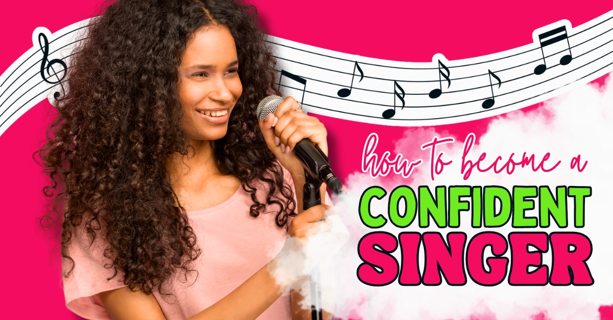 Young Black woman with curly hair smiling while holding a microphone, with music notes and bold text âHow to Become a Confident Singerâ â visual promoting confidence tips for neurodivergent and sensory-sensitive singers.